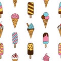 Ice cream, eskimo, waffle cone. Seamless pattern in doodle and cartoon style. Colorful.