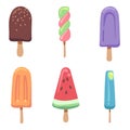 Ice cream flat. Frozen creamy summer desserts, fruit ice and sundae. Sweet chocolate, gelatos and fresh popsicles