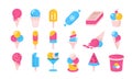 Ice cream flat icons. Cartoon frozen yoghurt and creams in cones cups and buckets. Vector summer tasty cold dessert