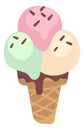 Ice cream flat. Three balls in waffle cone, summer cold dessert, pistachio vanilla and strawberry ice-cream, sundae shop Royalty Free Stock Photo