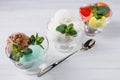 Ice-cream. Flavored sundae and fruit sorbet
