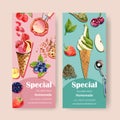 Ice cream flyer design with fruits, green tea watercolor illustration Royalty Free Stock Photo