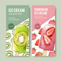 Ice cream flyer design with kiwi, strawberry watercolor illustration Royalty Free Stock Photo