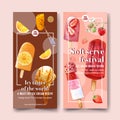 Ice cream flyer design with orange, strawberry watercolor illustration Royalty Free Stock Photo