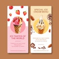 Ice cream flyer design with strawberry, chocolate watercolor illustration Royalty Free Stock Photo