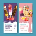Ice cream flyer design with strawberry, chocolate watercolor illustration Royalty Free Stock Photo