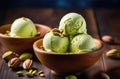 nutty sweet dessert, pistachio ice cream balls, summer refreshing dessert, wooden table