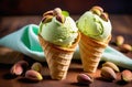 nutty sweet dessert, pistachio ice cream waffle cone, summer refreshing dessert, wooden table