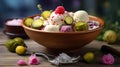 Ice cream with fresh raspberries and cucumbers in bowl on wooden table