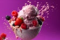 Ice cream with fresh berries in a ceramic bowl. Generative AI.