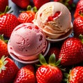 Ice cream with fresh strawberries, fruti and berry frozen dessert for summer