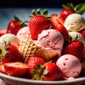 Ice cream with fresh strawberries, fruti and berry frozen dessert for summer