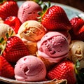 Ice cream with fresh strawberries, fruti and berry frozen dessert for summer