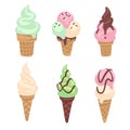 Ice cream. Frozen creamy desserts and sundae. Waffles cones vanilla, strawberry and pistachio with chocolate. Cold