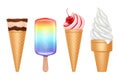 Ice cream. Frozen dessert in hot summer vanilla strawberry and chocolate ice cream with toppings vector realistic