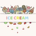 Ice cream and frozen yogurt in takeaway paper cup, waffle cones and fruits, vector illustration. Different flavors of