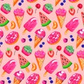 Ice-cream fruit berry bakery cupcake donut dessert food sketch seamless pattern vector