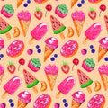 Ice-cream fruit berry bakery cupcake donut dessert food sketch seamless pattern