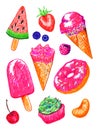 Ice-cream fruit berry bakery cupcake donut dessert food summer sketch set isolated