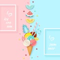 Ice cream, Fruit, 3D, Pastel. Abstract background with ice cream cone, lime, lemon, orange, kiwi, watermelon in paper cut style.