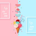 Ice cream, Fruit, 3D, Pastel. Abstract background. Minimal summer food concept. Vector