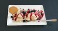 Ice cream with fruit dressing, blueberries and biscuit on white plate