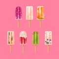 Ice cream fruit, frozen juice on wooden stick, fruity popsicle vector set. Colorful cold summer dessert isolated on pink