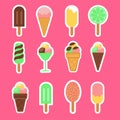 Ice cream fruit ice sticker pack icon, flat design vector illustration set of sticker icons on pink background Royalty Free Stock Photo