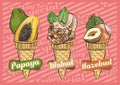 Papaya ice cream. Walnut ice cream. Hazelnut ice cream. Vector illustration of fruit ice cream cone, Hand-drawn design