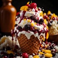 Ice cream with fruits and berries in waffle cone on black background. generative ai