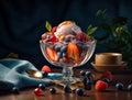 Ice cream with fruits on dark background. Delicious frozen desert with berries. Generative AI Royalty Free Stock Photo