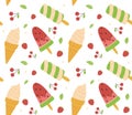 Ice cream, fruits and mint seamless pattern. Horn, spiral and watermelon ice cream. Vector illustration in a flat style Royalty Free Stock Photo