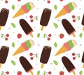 Ice cream, fruits, mint seamless pattern. Horn and two types of chocolate ice cream. Vector illustration in a flat style Royalty Free Stock Photo