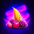 Ice cream with fruits on a plate in neon light. Abstract background Generative AI Royalty Free Stock Photo