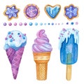 Ice cream and gingerbreads hand drawn illustrations set. Royalty Free Stock Photo