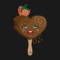 Ice cream girl face heart shape chocolate on a stick with strawberries on a black isolated background vector image