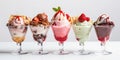 Ice cream in glass bowls with a variety of fruit and chocolate topping. Generative AI Royalty Free Stock Photo