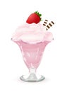 Ice cream in a glass vase, vector drawing, painted dessert. Pink fruit cream mousse in a transparent cup with a strawberry on top