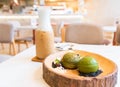 Ice cream green tea and Iced coffee in glass is on the table at modern cafe and restaurant in summer daylight Royalty Free Stock Photo