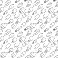 Ice cream Hand Drawn Pattern. Drawing Sundae, Sorbet, Lolly. Summer Seamless Background. Sketch Icons of Icecream. Handdrawn black