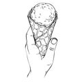 Ice cream in hand. Sketch Woman hand holding an ice cream cone