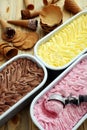 Ice cream handmade in with waffle and wafer trays background