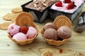 Ice cream handmade in with waffle and wafer trays background