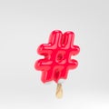 Ice cream hashtag symbol. Pink popsicle alphabet. 3d rendered dessert lettering isolated on white background