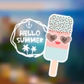Ice cream, ice lolly Kawaii with sunglasses pink cheeks and winking eyes, pastel colors. Hello Summer card design, banner template Royalty Free Stock Photo