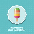 Ice cream from 5 layers. Yummi icon. Fruit ice cream on a stick on blue background.