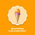 Ice cream icon. Two scoops pink and orange ice cream in a waffle cone on a yellow background.