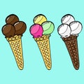 Ice cream icon. Cone ice cream raspberry, chocolate, pistachio. Hand drawn ice cream ball