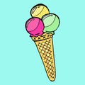 Ice cream icon. Cone ice cream raspberry, chocolate, pistachio. Hand drawn ice cream ball