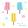 Ice cream icon set with blots splashes. White background. . Hello summer. Greeting card. Flat design. Royalty Free Stock Photo